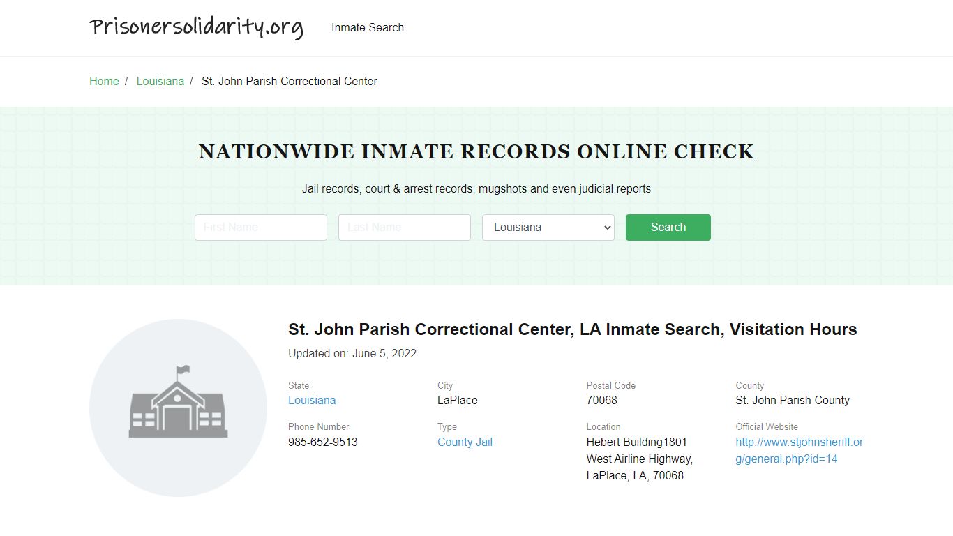 St. John Parish Correctional Center, LA Inmate Search, Visitation Hours